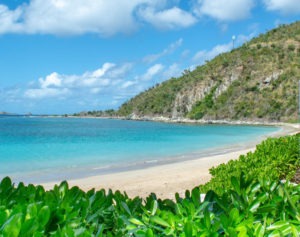 Pristine beach with turquoise waters, sandy shores, and lush greenery in the foreground at Adagio Villa Resort.