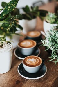 Two cups of latte with intricate heart designs, served on a wooden table surrounded by potted plants and fresh greenery.
