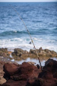 Fishing rod standing upright on a rocky shoreline with the ocean in the background at Adagio Villa Resort.