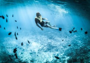 Snorkeler exploring the underwater world surrounded by a school of fish in clear blue waters at Adagio Villa Resort.