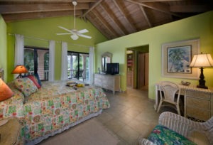 Tropical guest room with vibrant green walls, a comfortable bed, and a cozy seating area overlooking the outdoors.