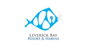Logo for Leverick Bay Resort & Marina, featuring a blue fish with a red heart and the text "Leverick Bay Resort & Marina."
